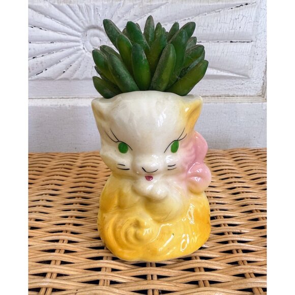 Vintage 50's Shawnee Pottery Yellow Cat Kitten Planter Vase - Picture 8 of 10
